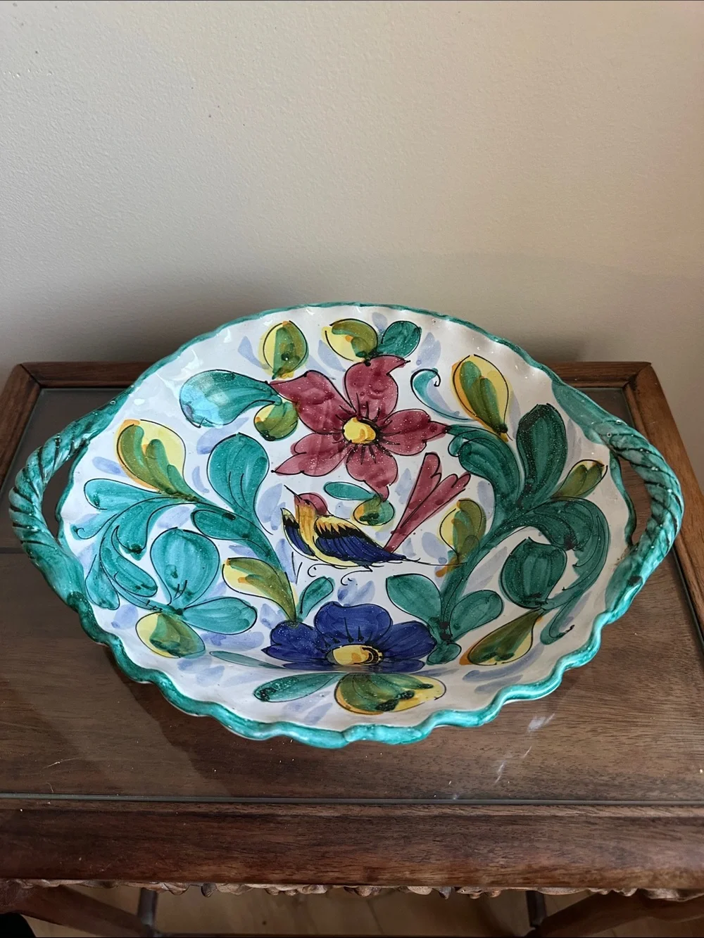 Vintage Italian Majolica Pottery 12” Serving Bowl - Hand Painted Bird & Floral